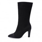 Black Suede Point Head Mid Length High Heels Boots Shoes